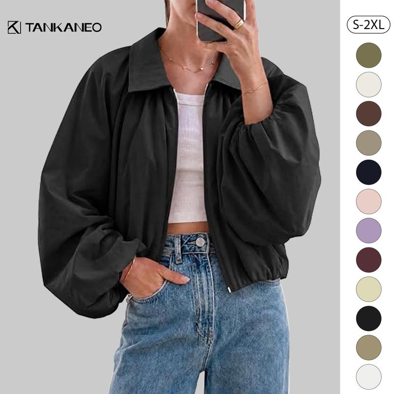 Tankaneo Women's Plain Cropped Short Bomber Coat - Polyester Fall Casual Zip-Up Outerwear with Collared Neck, Pleated Puff Long Sleeves, Bubble Hem, Machine-Washable Lightweight Jacket, Cropped Women's Lightweight Jackets