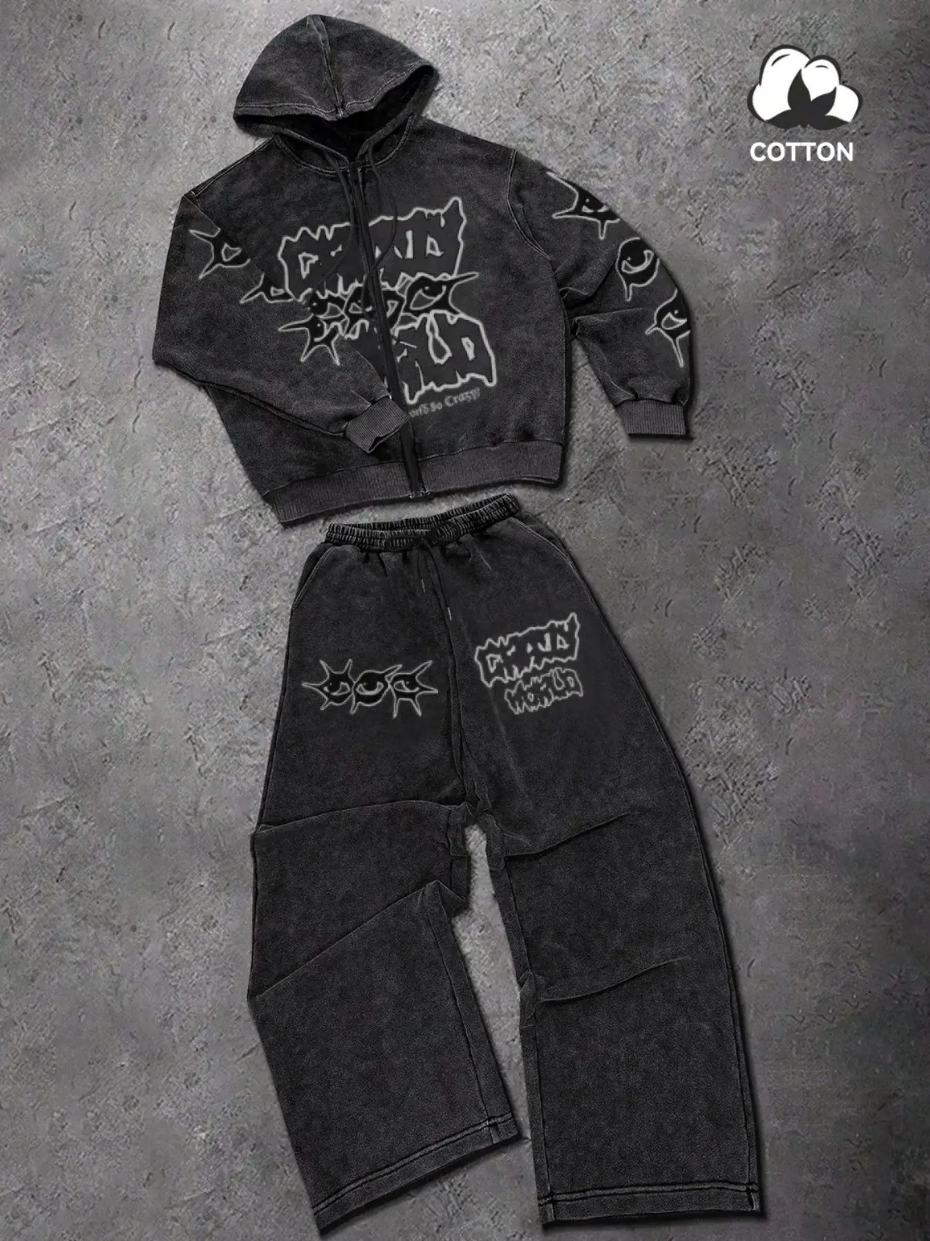 Men's Cotton Letter and Eye Pattern Print Set, Casual Zip-Up Sweatshirt Jacket + Drawstring Loose-Fit Long Pants, Y2K Dark Style
