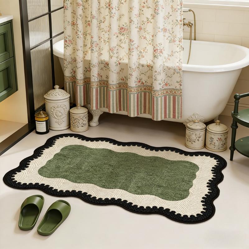 Retro wavy edge green bathroom door non-slip floor mat French entry entrance carpet household washable kitchen carpet home decoration bedroom bedside carpet mid-century style living room sofa area carpet light luxury high-end cloakroom dresser carpet