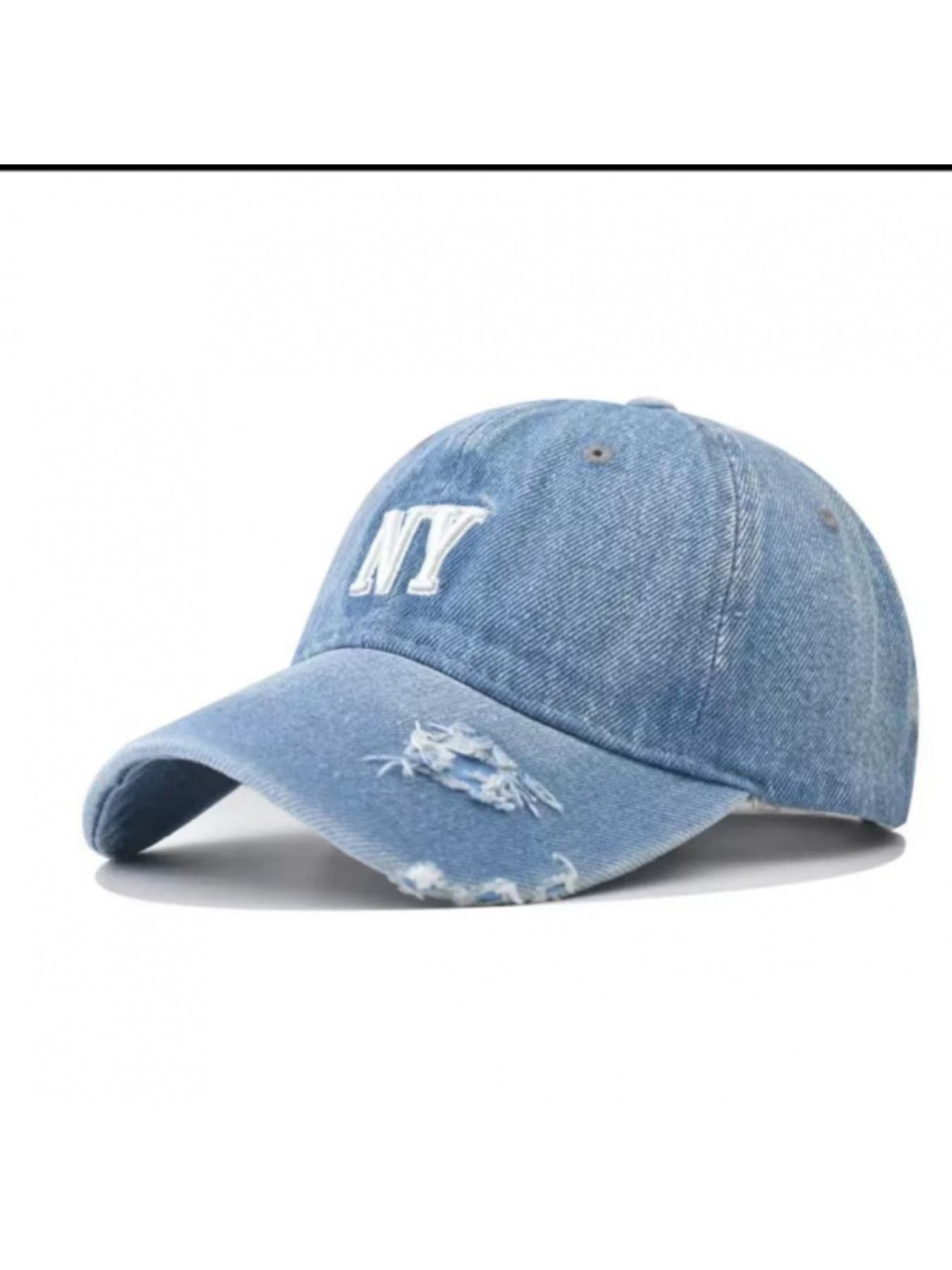Washed vintage denim baseball cap with NY letter embroidery, versatile unisex peaked hat for all seasons