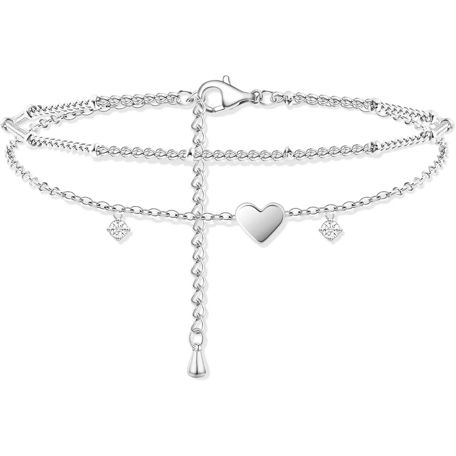Sterling Silver Anklet Bracelets for Women Waterproof, 925 Sliver Plated CZ & Heart Charm Dainty Layer Anklets for Women Trendy, Simple Chain Anklets Set Gifts for Women, Mother Day Jewelry Gifts for Her Women Mom Wife Girlfriend