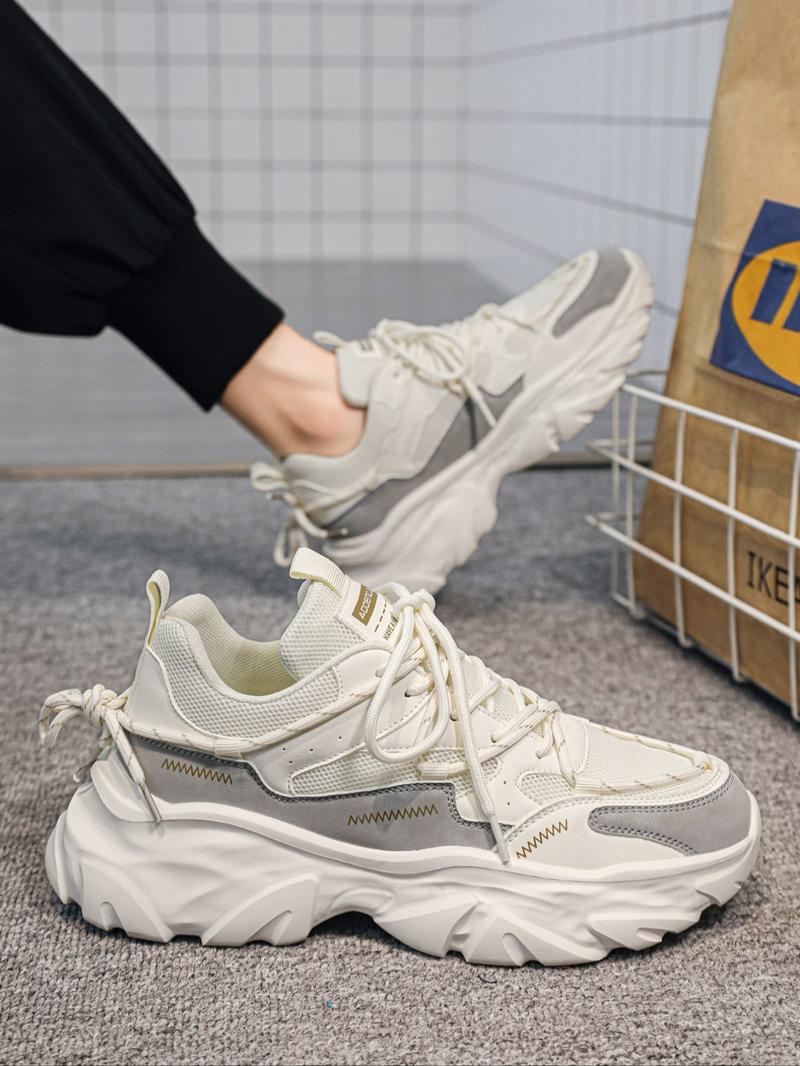 Men's Height Increasing Dad Shoes, Dual Strap Design, Fashionable Casual Sporty Trendy Walking Sneakers, Colorblock Patchwork, Thick Sole, All Seasons