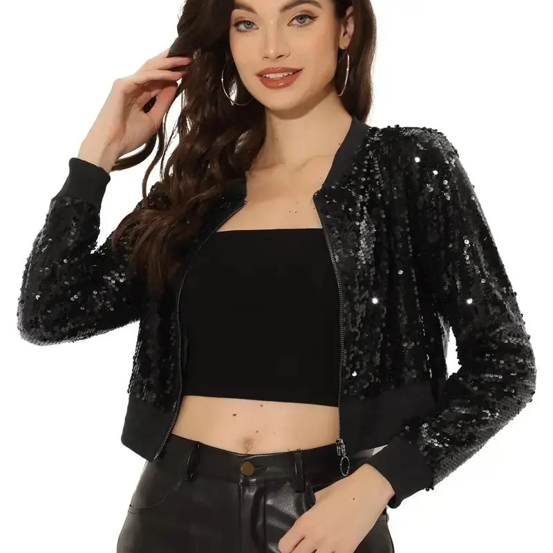 Sparkly Glitter Zipper Front Crop Bomber Sequin Jacket
