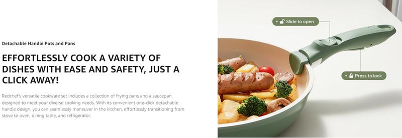 【New Year Sale】Redchef Removable Handle Pots And Pans Non Stick, Ceramic Cookware Set, RV Cookware Set, Non Toxic Pots And Pans Set No PFAS & PTFE & PFOA, Detachable Pots And Pans, Dishwasher & Oven Safe