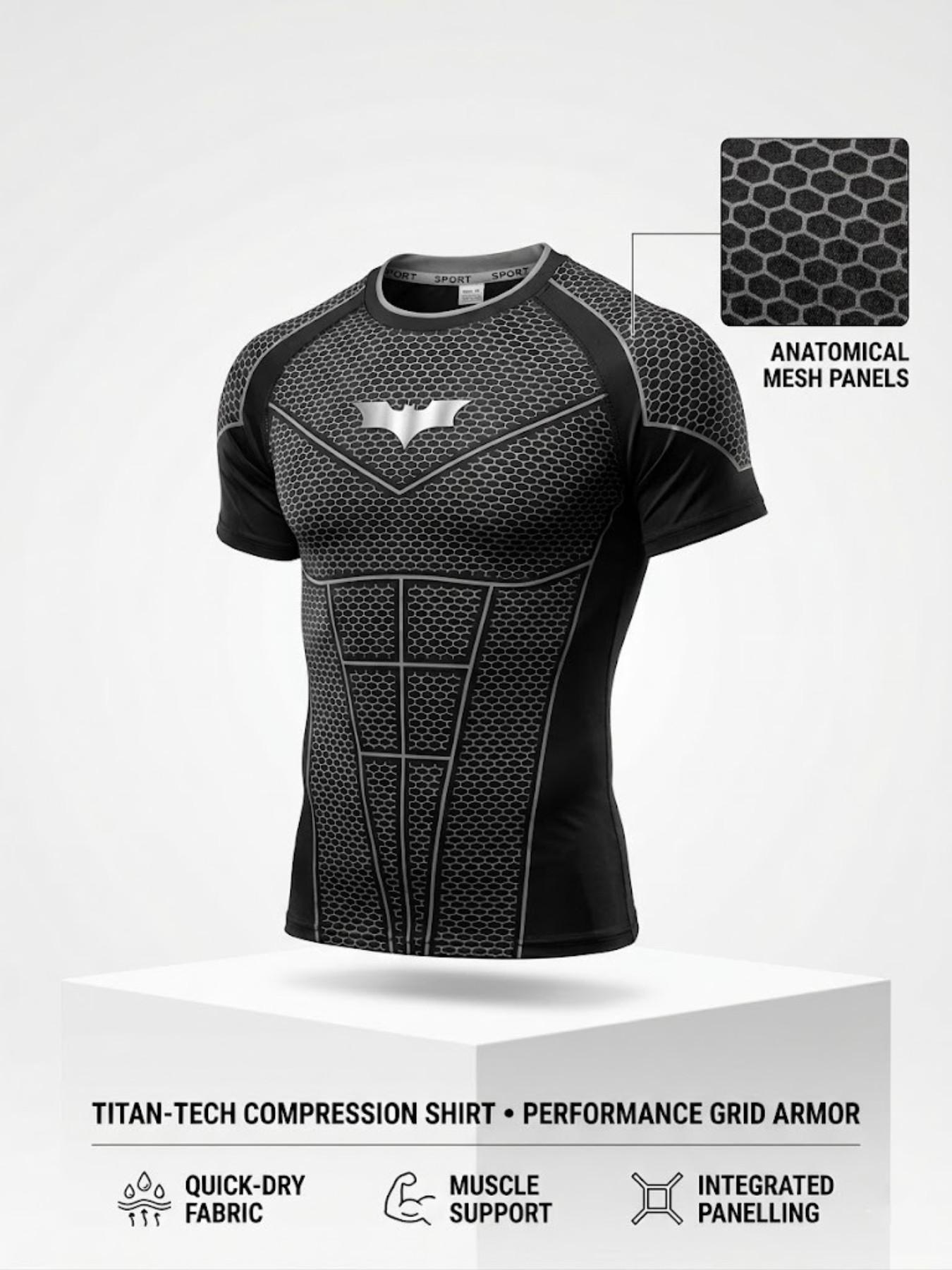 Men's Batman Compression Sports Shirt, Short Sleeve Workout Top, Quick-Dry Breathable Athletic Apparel, Ideal for Fitness Training