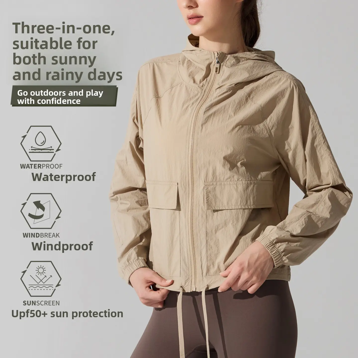 Outdoor windproof mountaineering jacket fashion casual yoga clothes light sunscreen hooded top loose sports jacket