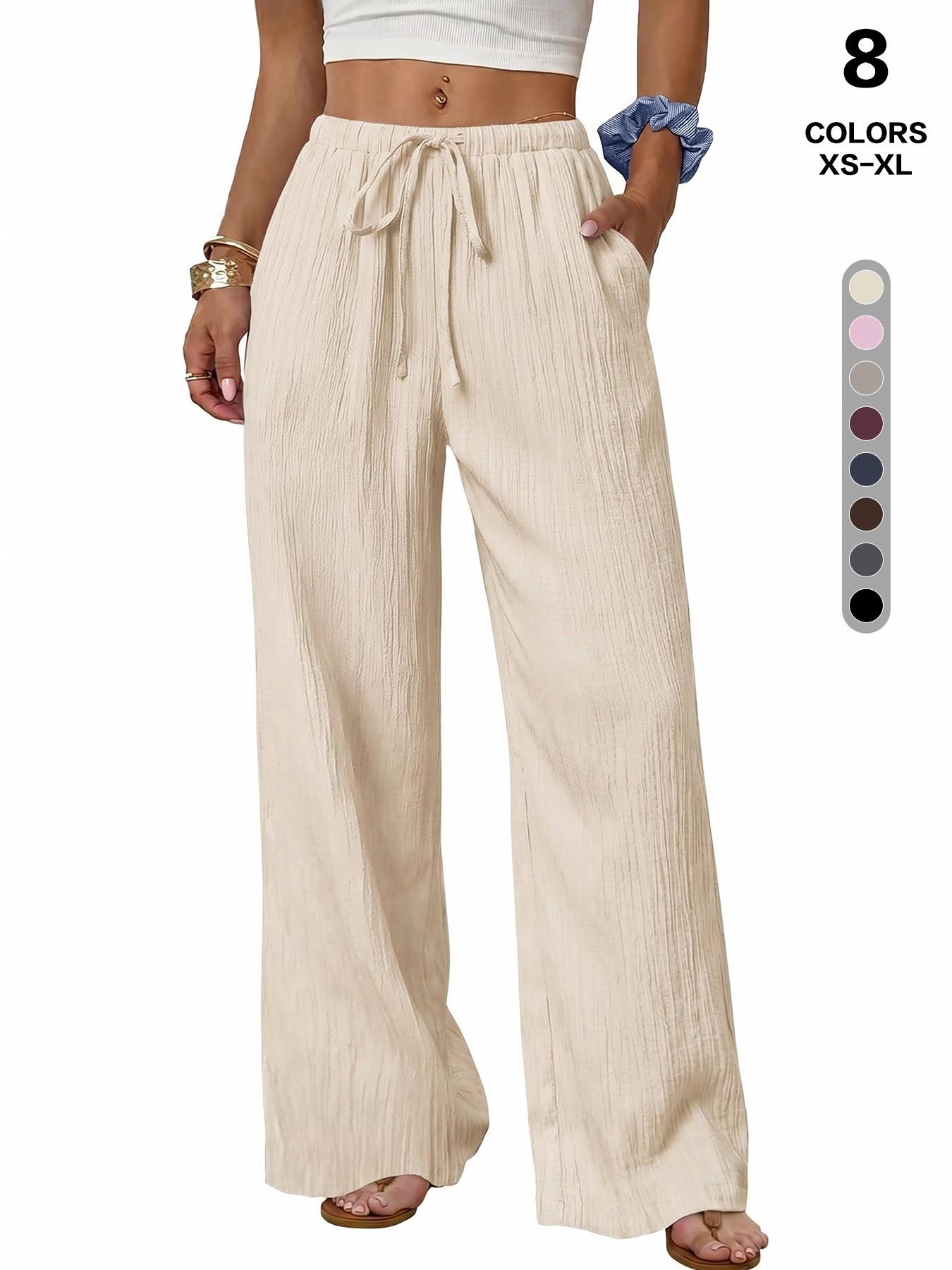 Textured Lightweight Drawstring Adjustable Wide Leg Casual Long Pants, Pockets, Trendy Ootd Fashion, European Style High Waist Tie-Drop Pants, Summer Fashion, Bottoms