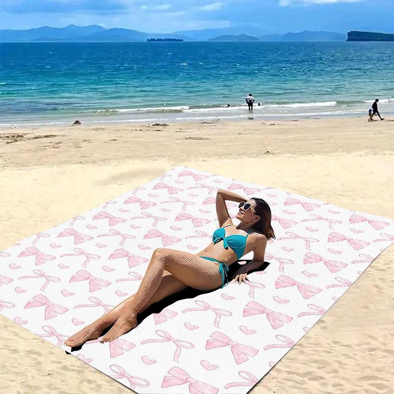 Large-size bath towel with pink bow and heart print, quick-drying absorbent towel for seaside vacations, portable travel beach towel, sand-proof large travel shawl, suitable for sports, swimming, pool activities and yoga beach towels