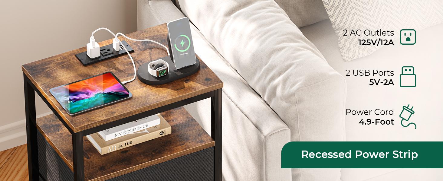 Huuger Nightstand with Charging Station, 27.6 Inch Side Table with Fabric Drawers, End Table Bedside Table with USB-C Port and Outlets