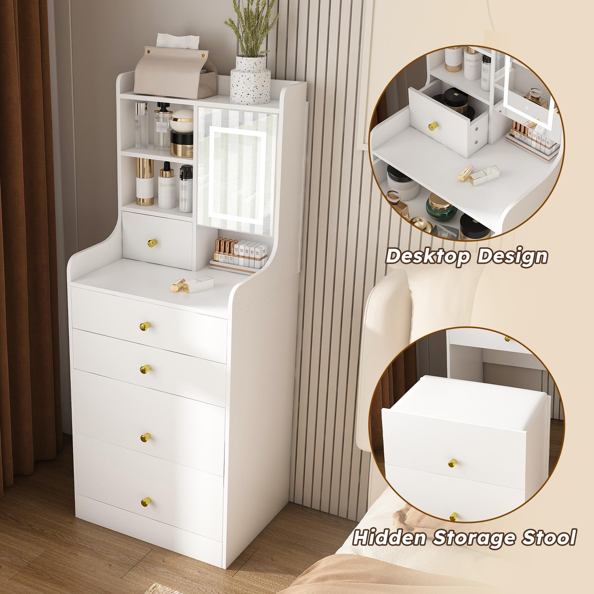 Makeup Vanity Table for Small Spaces, 3-in-1 Dressing Table with LED Mirror & Storage Stool, Compact Vanity with 4 Drawers, Storage Cabinet & Hidden Stool, Space-Saving Makeup Vanity Desk for Bedroom or Apartment (White)