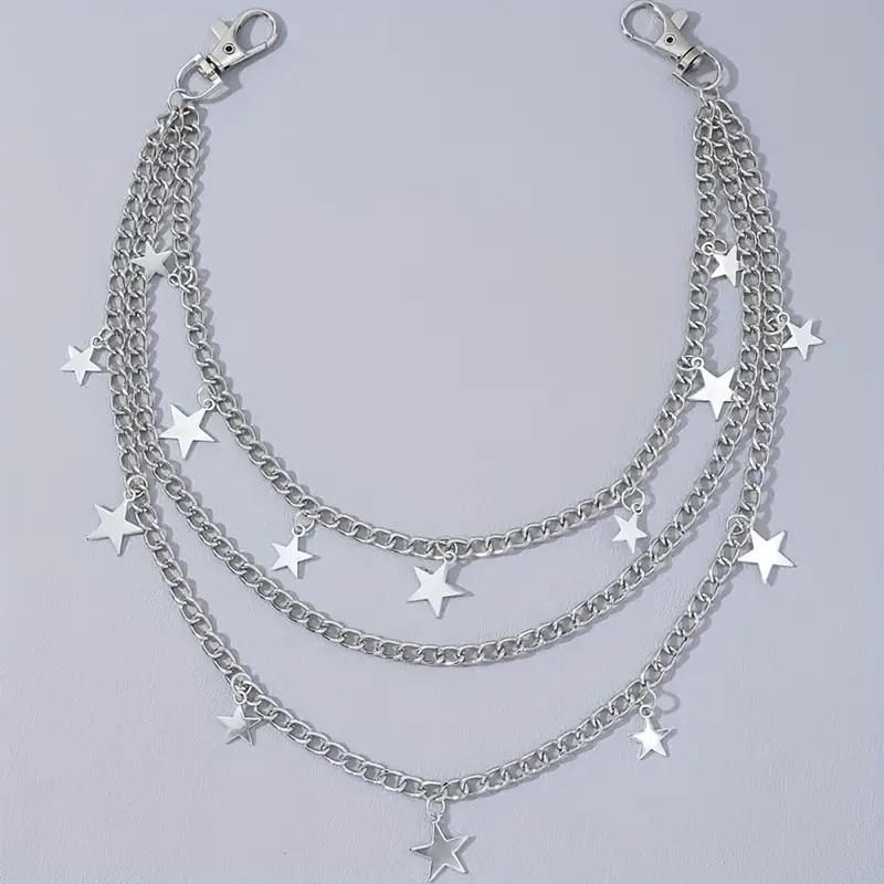 Unisex Layered Silver Decorative Waist Chain - Punk No-Buckle Metal Pant Belt with Star, Pentagram Charms for Adults