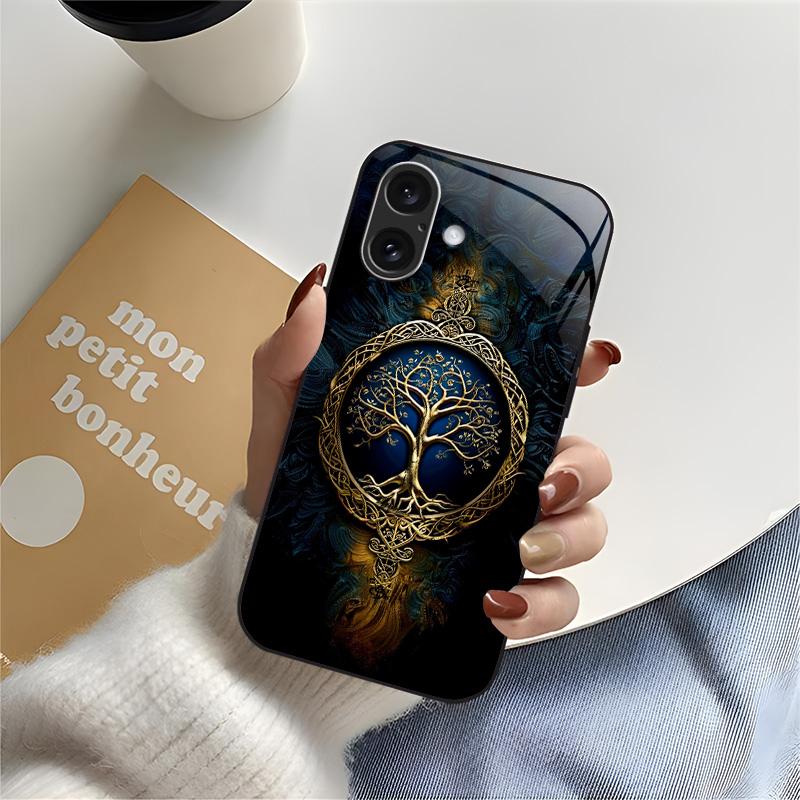Suitable for [iPhone 16 Plus] high-end phone case🤩， high-end patterns，blue and gold tree of life pattern new black phone，drop-resistant and fingerprint-proof YM99