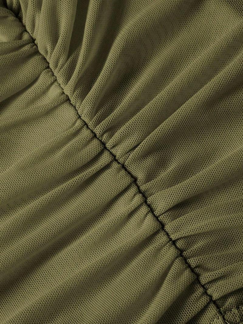 Valentine's Day Women's Asymmetric Neckline Ruched Crop Top - Trendy Mesh Blouse for Club, Date Night & Vacation