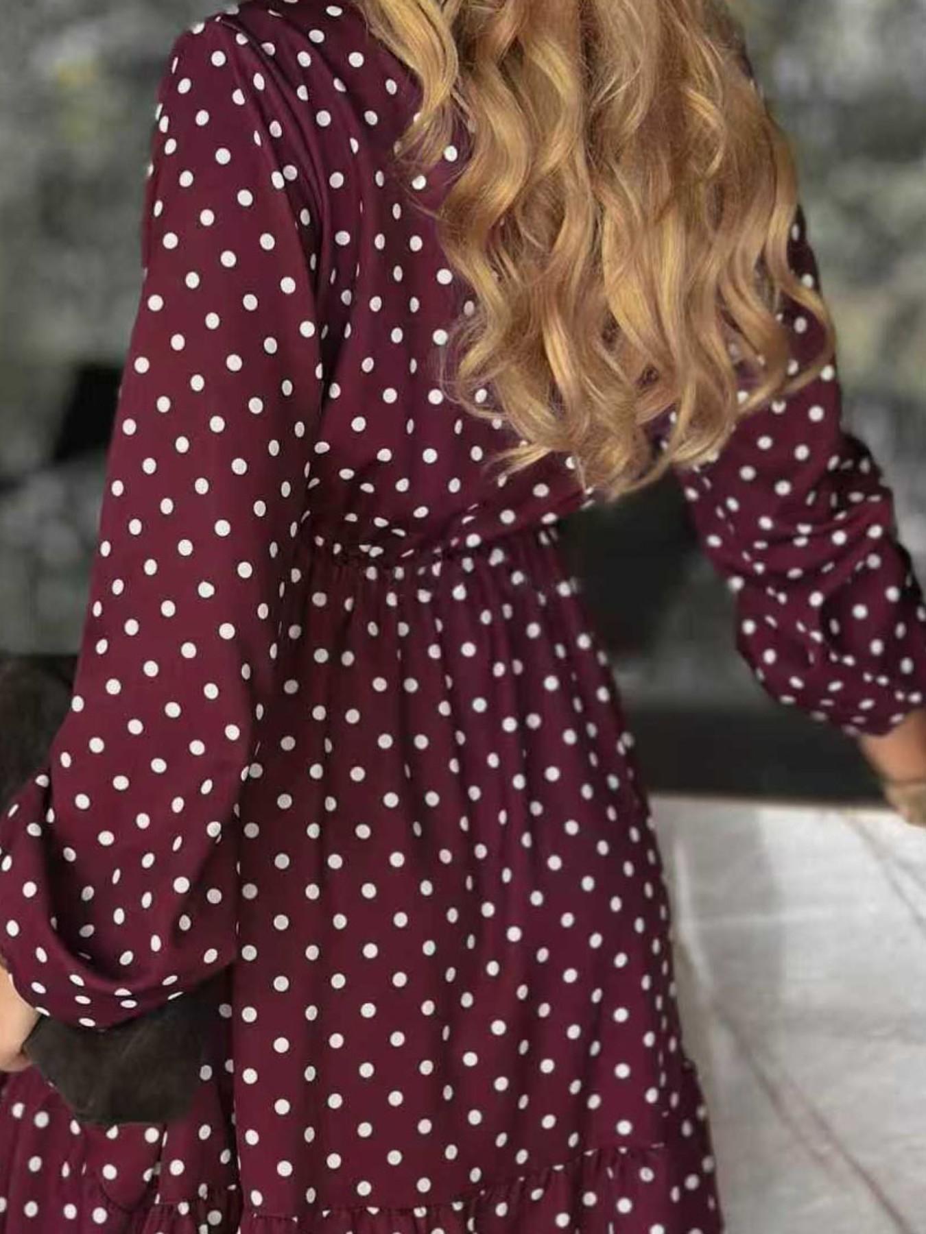 Polka Dot Dress French Sweet V Neck Long Sleeve Midi Tight Waist Women's Clothing, Stylish and Comfortable Design for Daily Wear