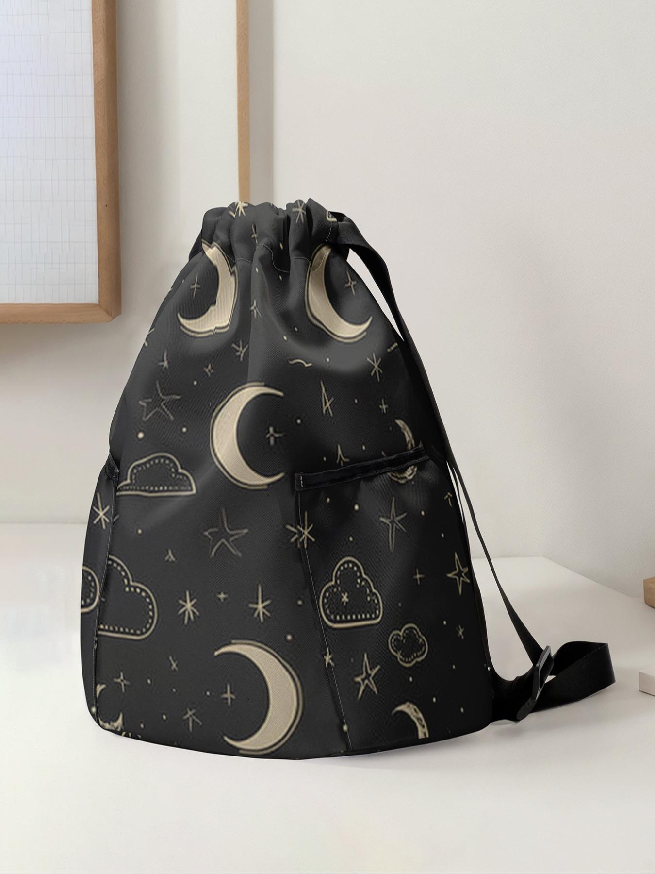 Star Moon Print Drawstring Backpack, Large Capacity Durable Fitness Bag, Casual Sports Bag, Adjustable Shoulder Straps, Sports Beach Bag for Men & Women