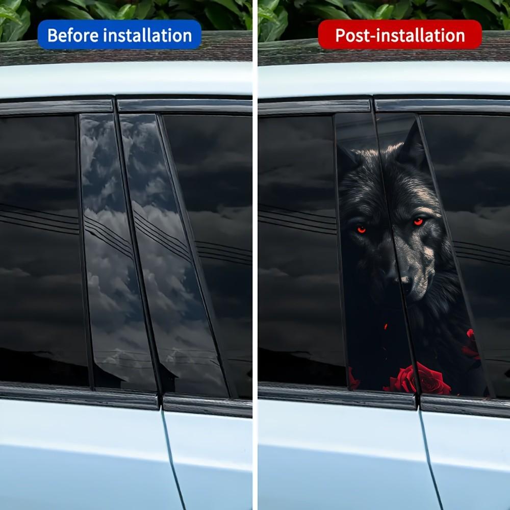 Edgy Tough Guy B Pillar Decal - Black Wolf Rose Red Eyes 3D Realistic Universal Window Pillar Modification Sticker