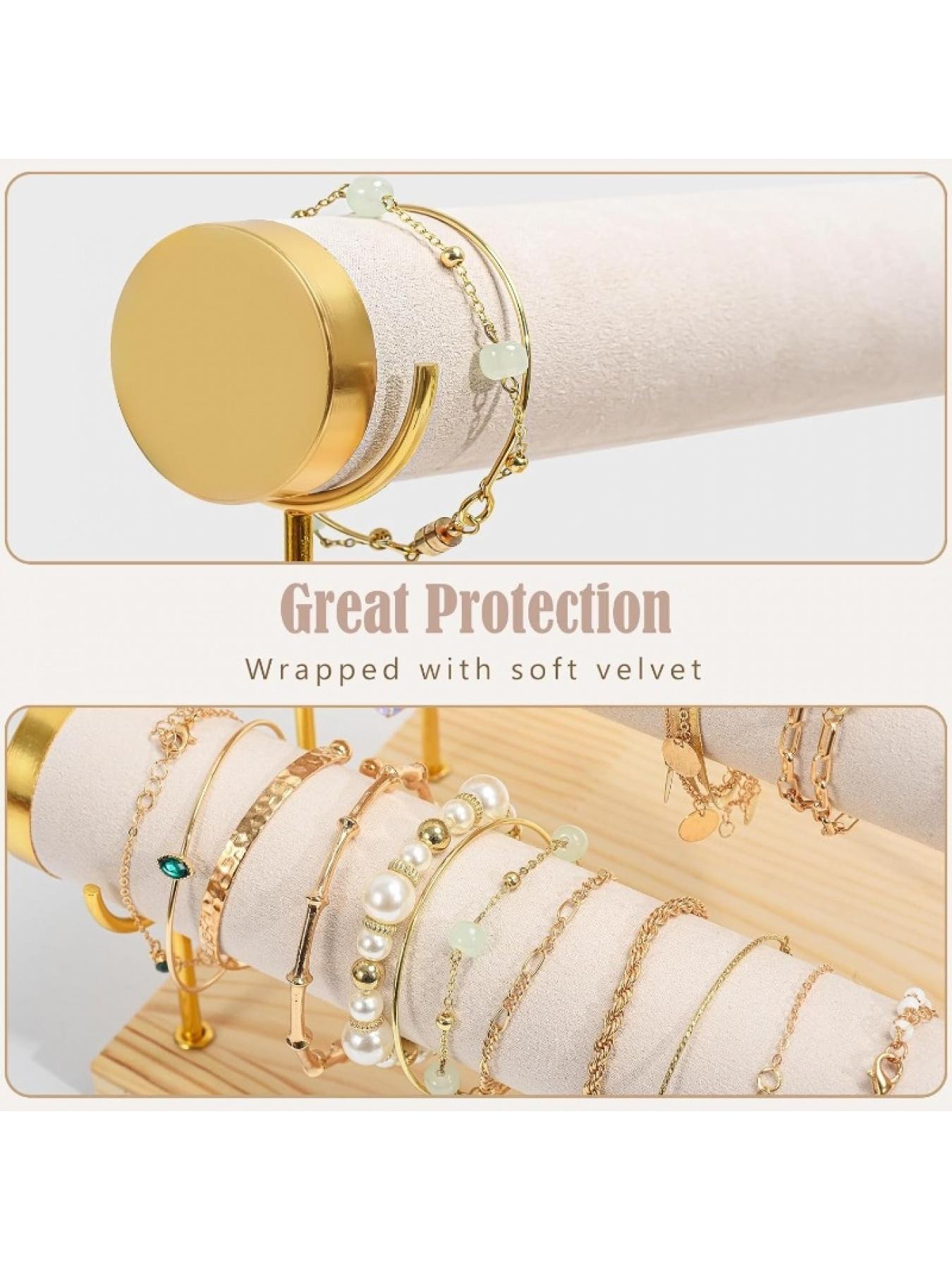 1 Pack 3-Layer Velvet Bangle Bracelet Stand with Detachable Rod Travel Home Jewelry Hanging Organizer for Bangles and Watches Beige Pink