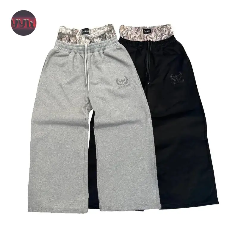 YYW1 Y2K Retro Sweatpants Double Waisted Embroidered Camouflage Pattern Wide Leg Pants Men Trend Casual Streetwear Unisex Baggy Pants