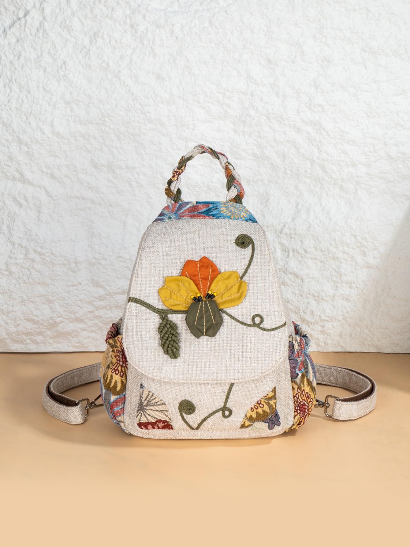 Boho Style Handmade Leaf Beaded Flower Backpack, Multi-Layer Flip Cover Chest Bag, Original Design Two-In-One Shoulder Bag, Stylish Casual Daypack
