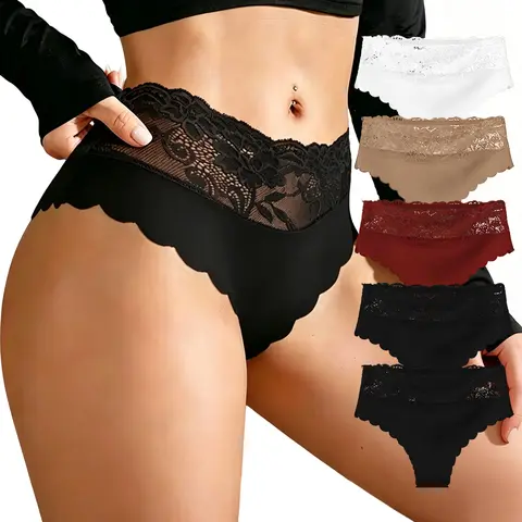 QUASTI 5-Pack Women's Mid-Rise Lace Briefs, Soft-Stretch Skin-Friendly Lightweight Full-Coverage Panties, Comfort-Fit Multipack Intimates for Everyday Wear, S-XXL