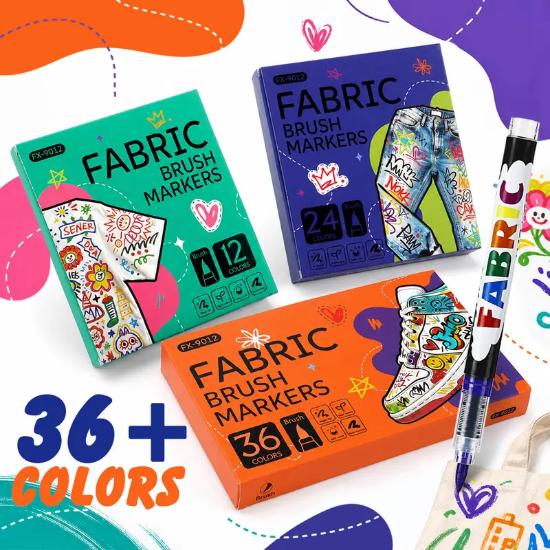 12/24/36 Colors Fabric Brush Markers, Flexible Brush Tips with Smooth Ink Flow & Vibrant Pigments, Quick Dry High-Coverage Fabric Paint Pens for T-Shirts, Denim, Canvas Bags, Shoes, Detailed Artworks & Large Textile Patterns