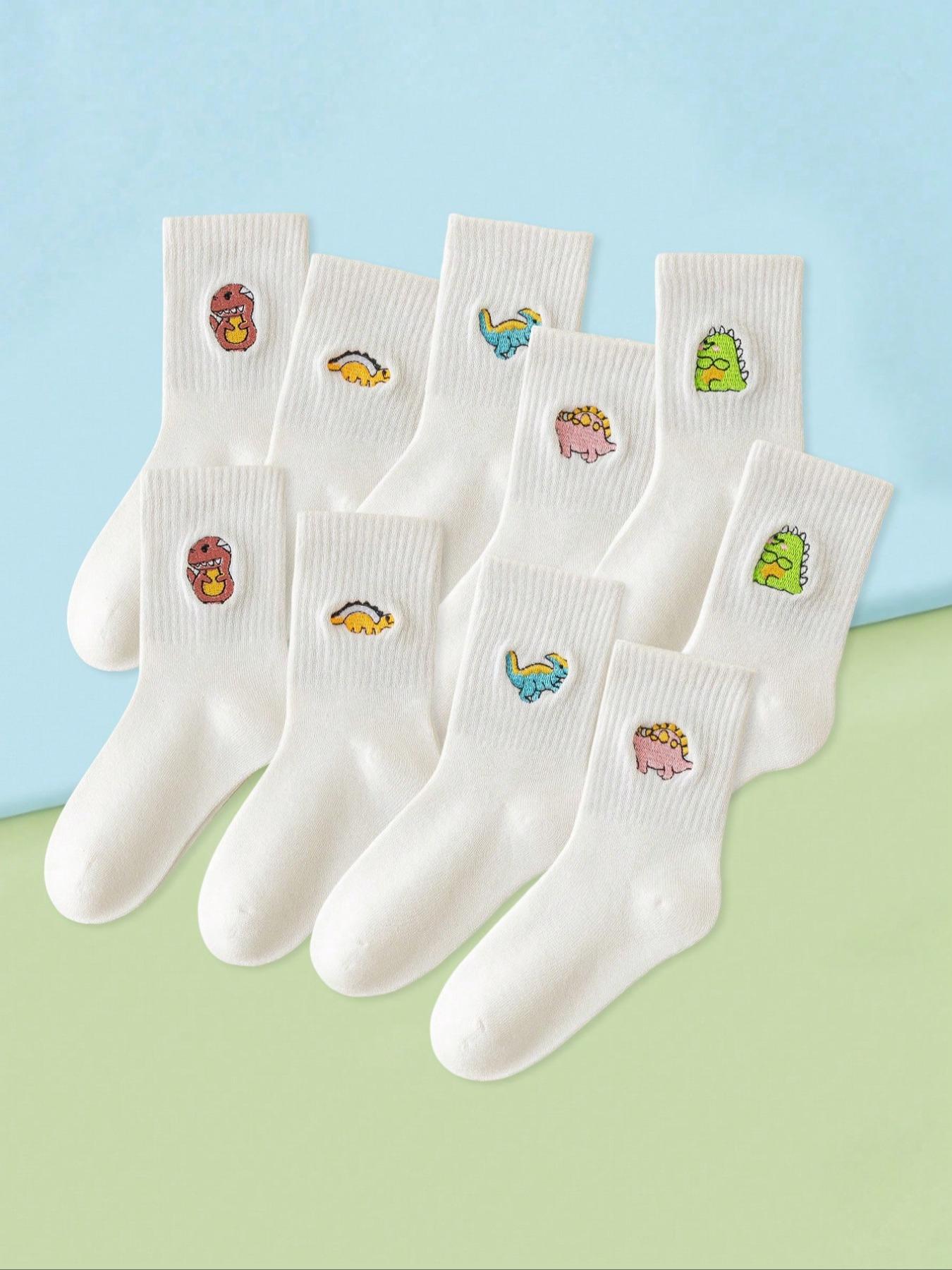 4 Pairs Kids Socks Cartoon Dinosaur Design, Unisex Mid-Calf Socks for Boys & Girls, Casual All-Season Wear, Random Colors