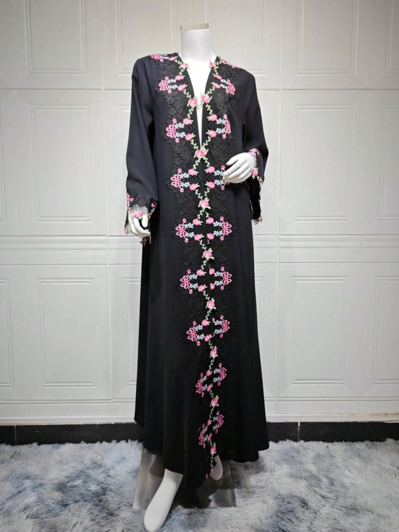 Hafizah Women's Floral Embroidered Long Cardigan, Lace Trimmed Sleeves, Loose Fit Outerwear, All Seasons, Casual Party Wear, Floral Embroidery Cardigan