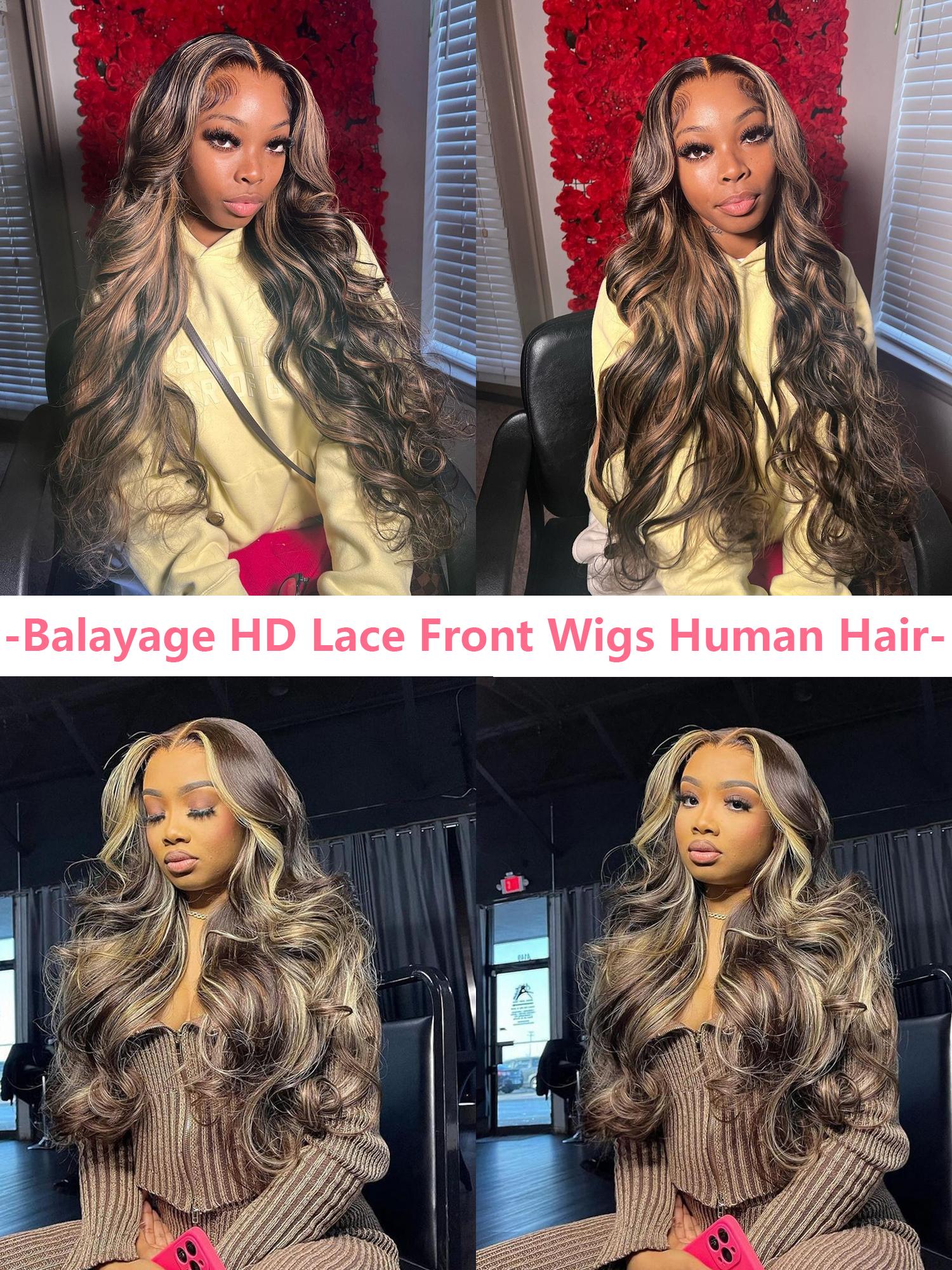 QUANDIAN 13x6 Body Wave Highlight Ombre Lace Front Wig Human Hair HD Lace Front Wigs Human Hair 200 Density P4/27 Colored Honey Blonde Wig Springtok