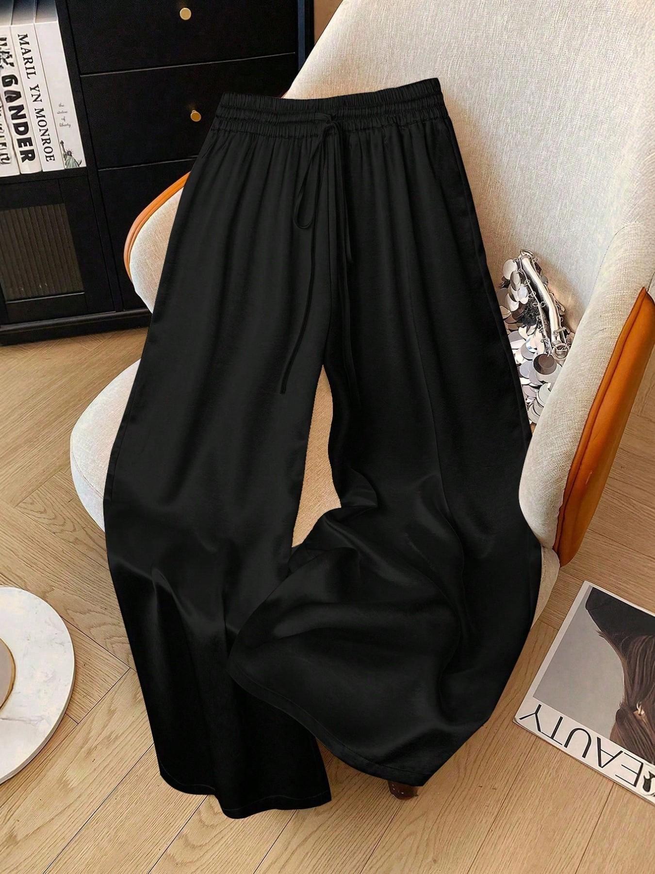 Women's Glitter Satin Wide Leg Pants, Casual Loose Fit Elastic Waist Drawstring Pockets, All Seasons Fashion for Home Vacation Party Womenswear