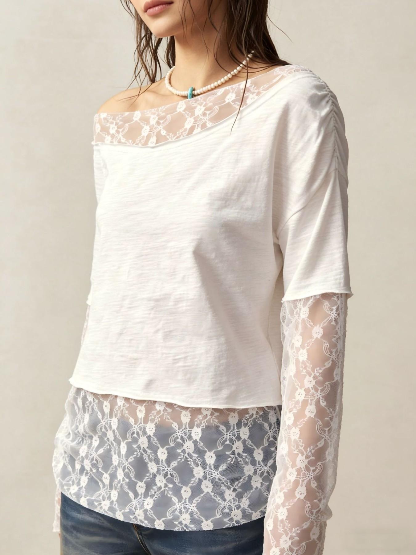 Women's Spring Summer 2026 Long Sleeve Off-Shoulder T-Shirt Womenswear, Asymmetrical Shoulder Design, Lace Trim, Casual Fashion Top