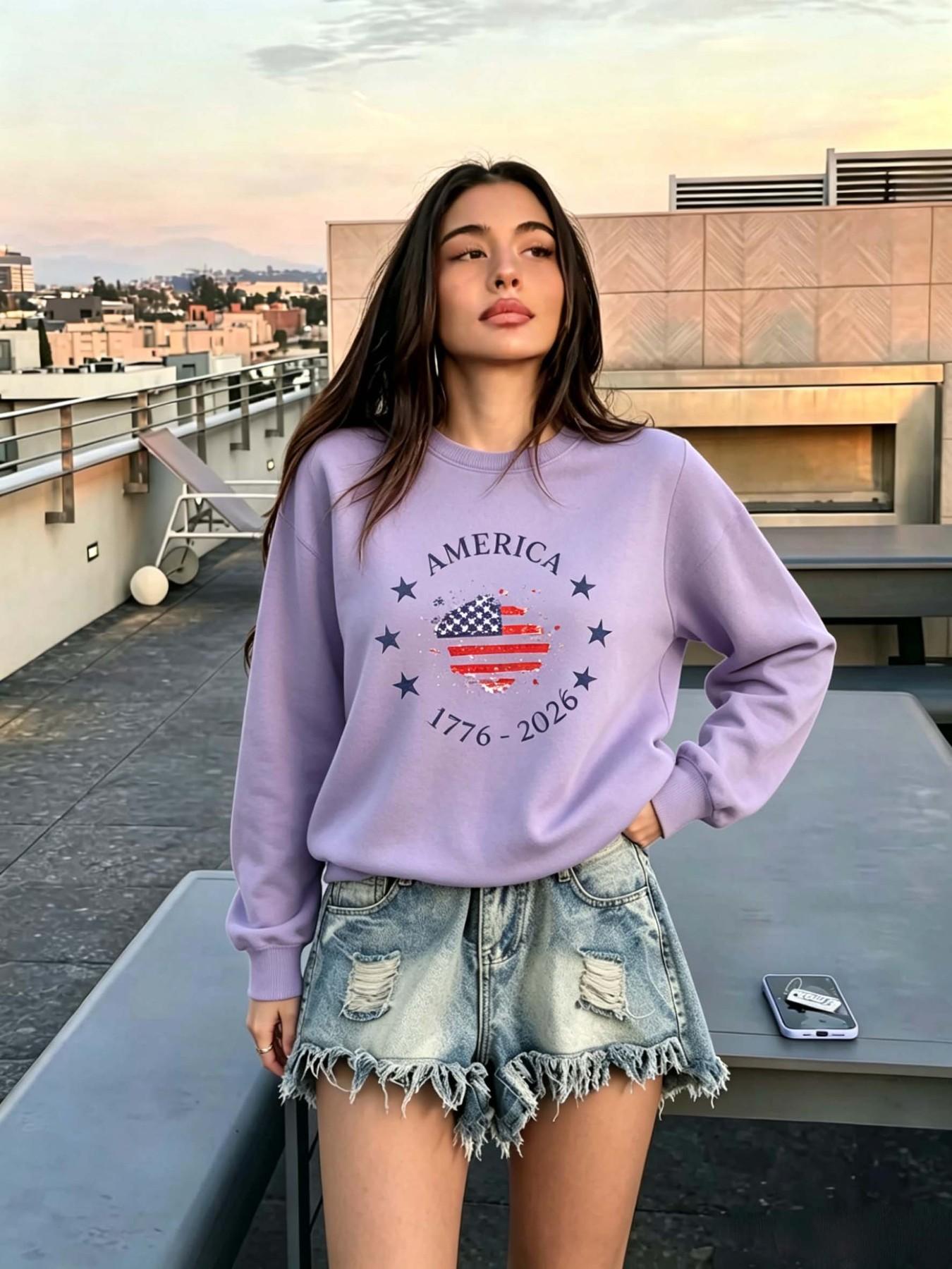 Vintage Heart American Flag Print Sweater, Independence Day Atmosphere, Usa 250th Anniversary, Retro Patriotic Style, July 4th