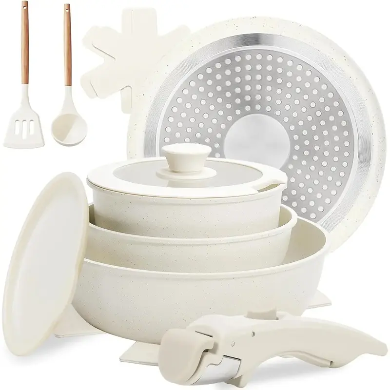 10 Count Cream White Non Stick Ceramic Cookware Set with Detachable Handles Stackable Induction Safe Dishwasher Oven Friendly for RV Cooking