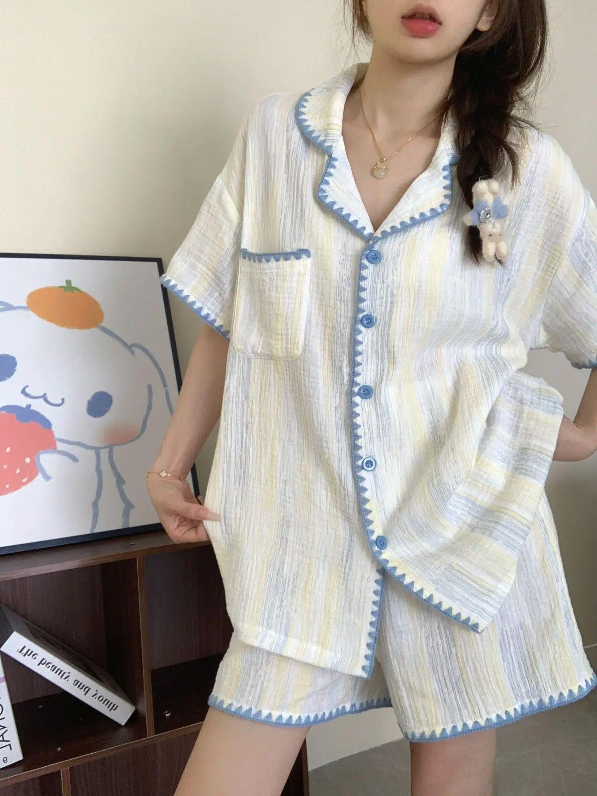 Cute Summer Color-Block Checkered Pajamas for Women: Short-Sleeve Set, Sweet Loungewear Two-Piece Set, Women's Summer Clothing