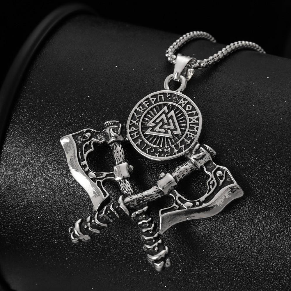 Norse Viking Axe Pendant Necklace, Valknut Symbol Runes Engraved, Stainless Steel Double Axes Necklace for Men, Vintage Warrior Jewelry
