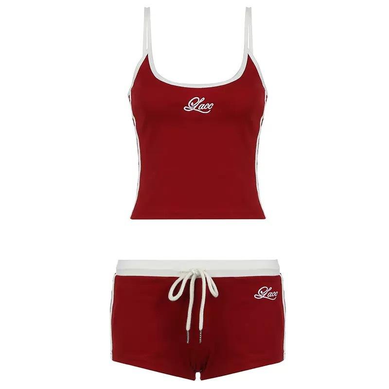 Women Biker Shorts Athletic Shorts 2 Piece Workout Sets Casual Sports Activewear Sports style contrasting color splicing casual two-piece set, letter embroidered suspender, sports vest, lace-up shorts set running split Backless Halter Crop Top