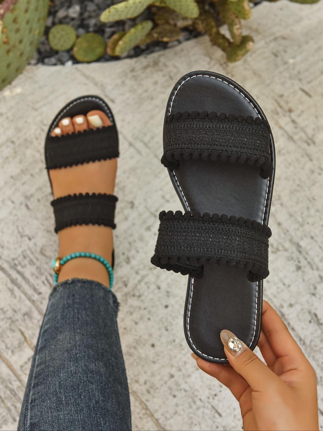 Women's Fashionable Plain Color Crochet Slides, Boho Style Slides, Casual Comfortable Slippers for Summer, Lightweight Breathable Slippers for Beach Vacation, Footwear