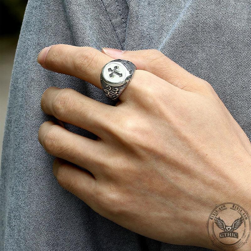 GTHIC Wave Pattern Budded Cross Stainless Steel Ring Fashion Jewelry Birthday Gifts For Men Women