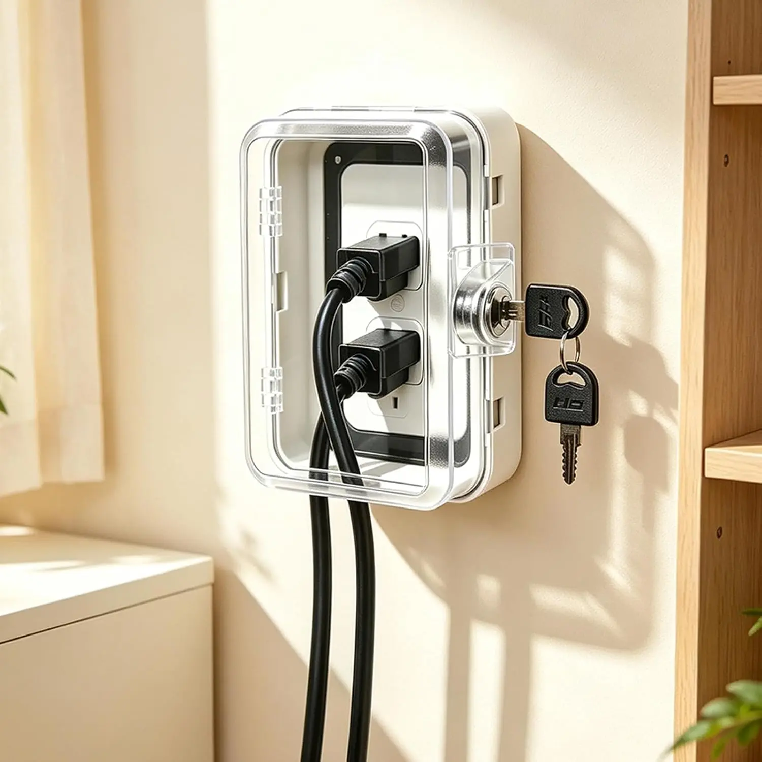Baby Proof Outlet Cover Box with Key Lock & Keyless Latch, Clear Electrical Outlet Safety Cover, Childproof Outlet Protector