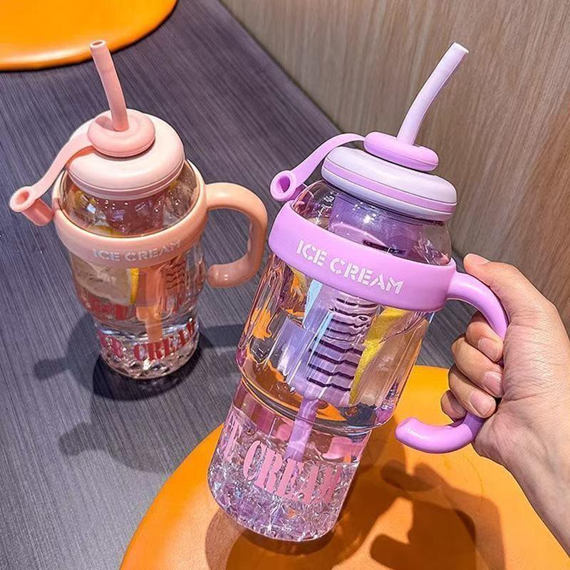 1200ML Thermal Water Bottle with Tea Infuser and Straw, Large Handle, High Capacity, Cute, Dustproof, Summer Water Cup for Women and Students, Large Water Bottle, Lucky King Ice Water Cup
