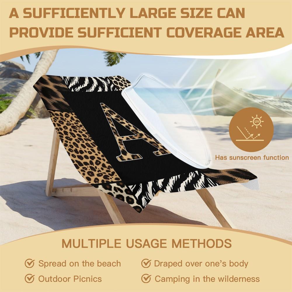 Luxe Animal Print Letter A-Z Beach Towel, Leopard Zebra Patchwork Pool Towel, Wild Safari Camping Towel, Soft Absorbent Bath Towel Blanket for Women Teens Girls, All-Purpose Towel for Travel Swimming Vacation