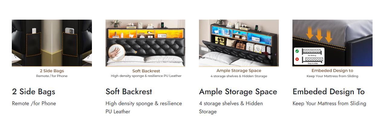 Sikaic Upholstered Platform Bed Frame with LED Lights & Charging Station Hidden Storage Headboard and 4 Drawers PU Black