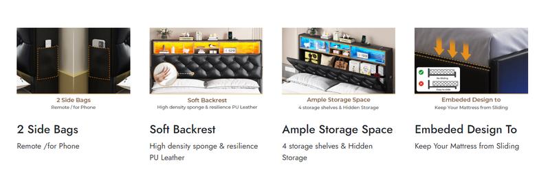 Sikaic Upholstered Platform Bed Frame with LED Lights & Charging Station Hidden Storage Headboard and 4 Drawers PU Black