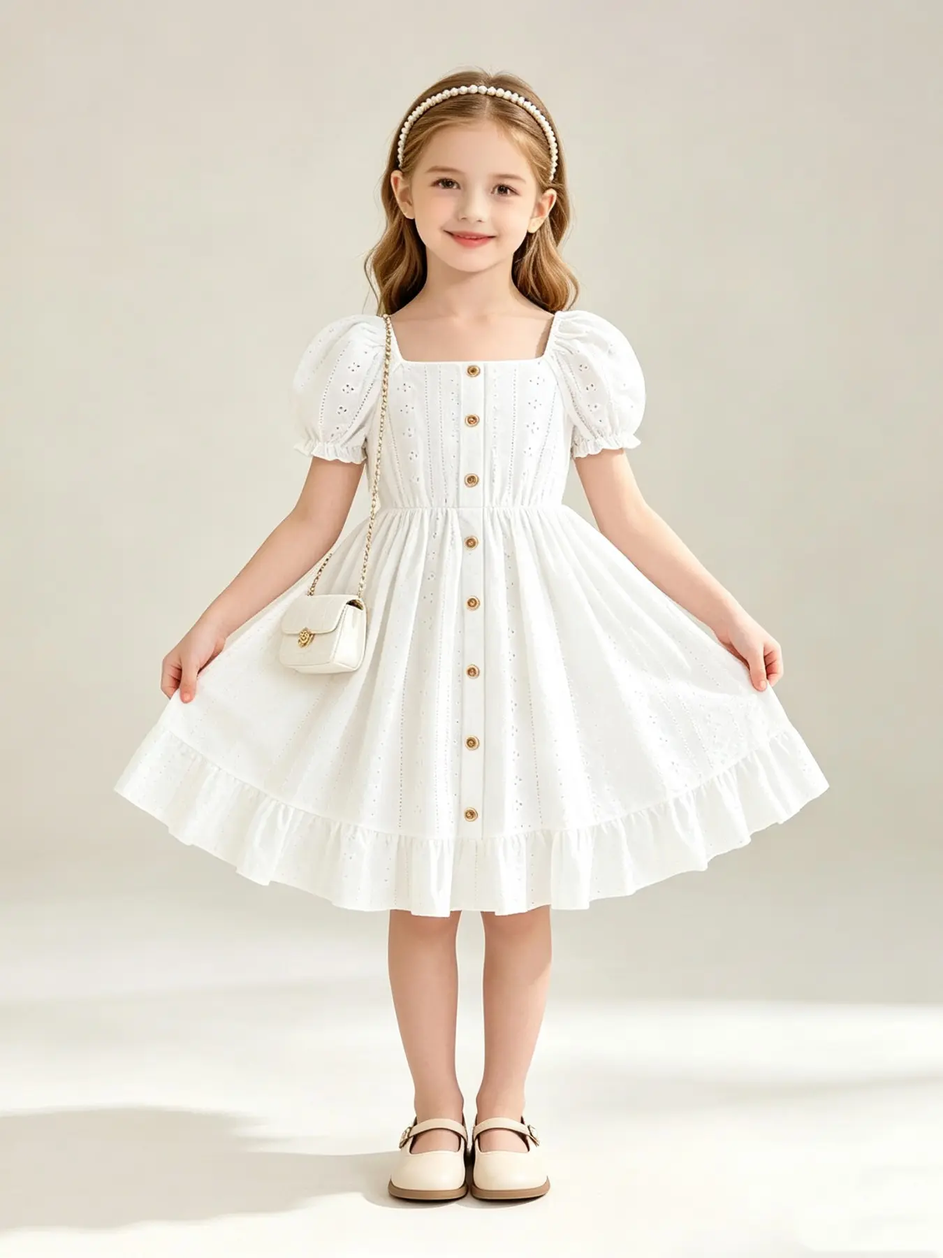 Girls Eyelet Embroidery Dress, Square Neck Puff Sleeve, Button Front Elastic Waist, Ruffle Hem A-Line Sundress for Summer, Summer Dresses