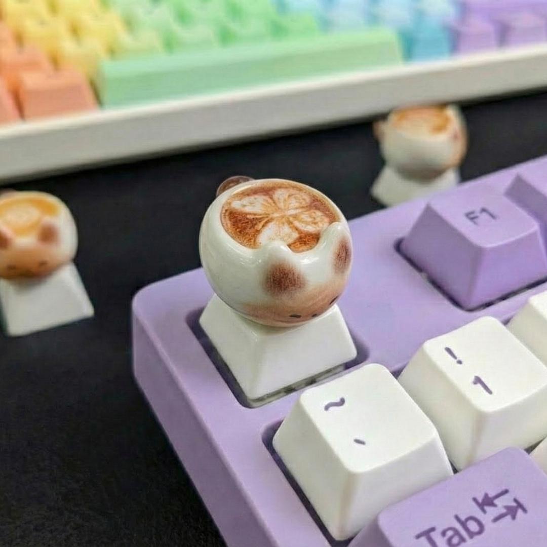 Cute Thai Cat Coffee Cartoon Keycaps, Kawaii Pbt Mechanical Keyboard Caps, Customizable DIY Anime Game Accessories Gift