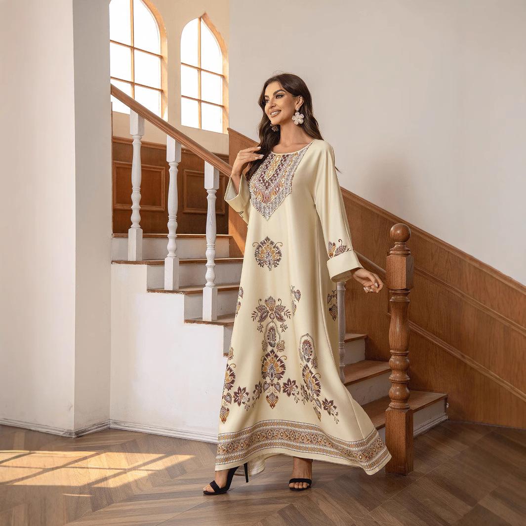 Muslim Dress Round Neck Printed Rhinestone Beaded Loose A-Line Long Robe