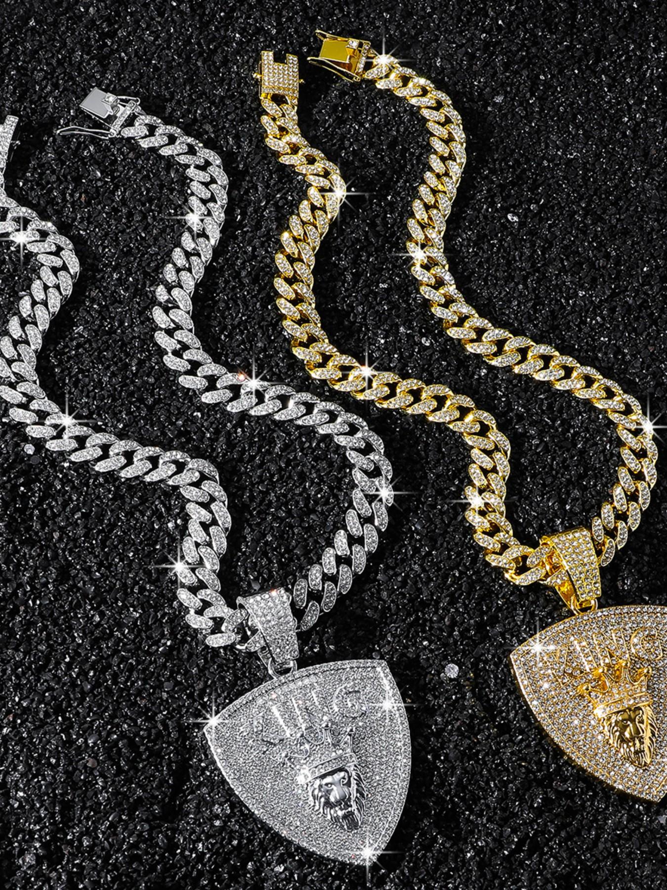 Luxury Full Diamond Crown Lion Shield Pendant, Men's Hip Hop Cuban Link Design Chain Accessory, Street Style Necklace, All Seasons Wear