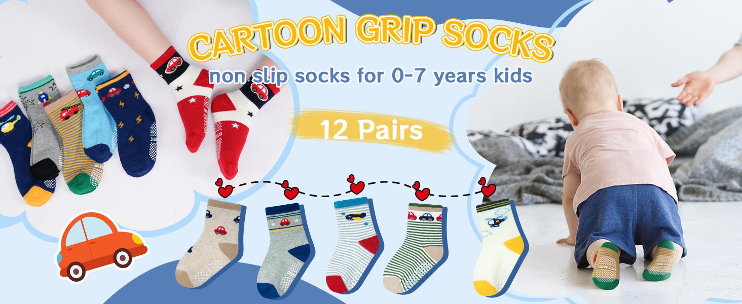 Toddler Grip Socks, 12-Pair Non-Slip Cotton Socks for Boys & Girls, Soft Anti-Skid Socks with Grippers for Ages 1-7T