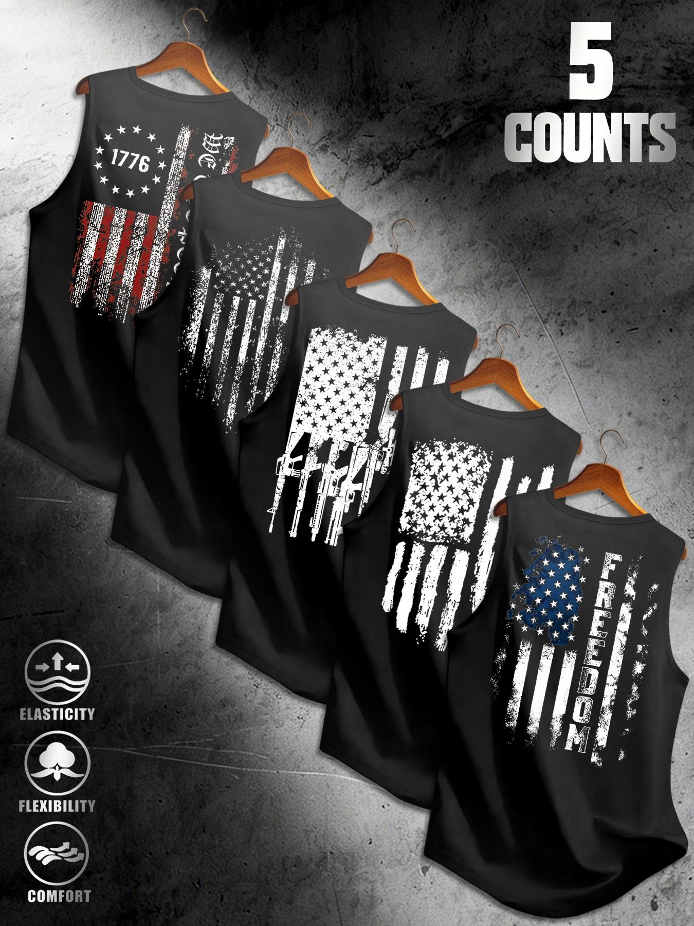 Men's Wide Shoulder Vest Tank Top Set of 5, Usa Flag Print Design, Summer Sleeveless T-Shirt, Comfortable Fashion Top for Daily Wear, Sleeveless Summer Shirts