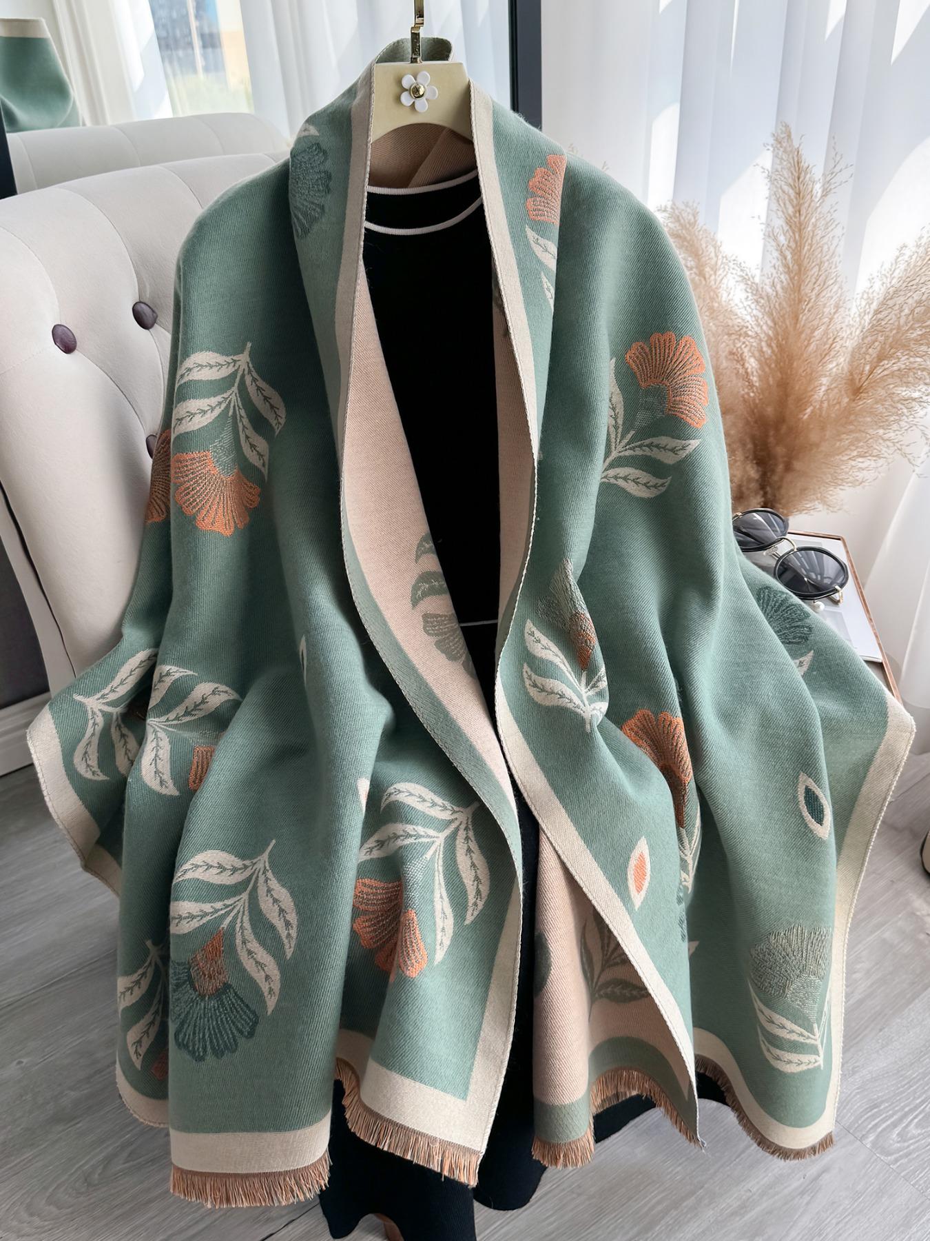 Women's Floral Pattern Raw Trim Shawl, Girlfriend Gifts, Imitation Cashmere Long Scarf, Casual Soft Warm Thick Double Sided Scarf for Fall & Winter, Fashion Accessories for Daily Wear