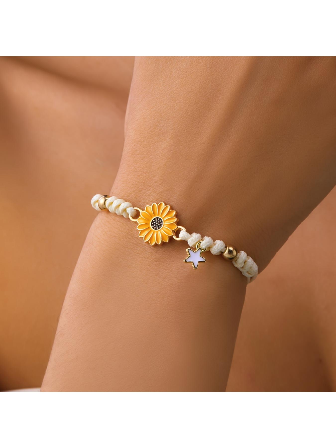 Sunflower & Star Wish Bracelet  Handwoven White Cord with Golden Sunflower Pendant, Meaningful Friendship Bracelet & Inspirational Gift for Best Friend, Sister or Girlfriend